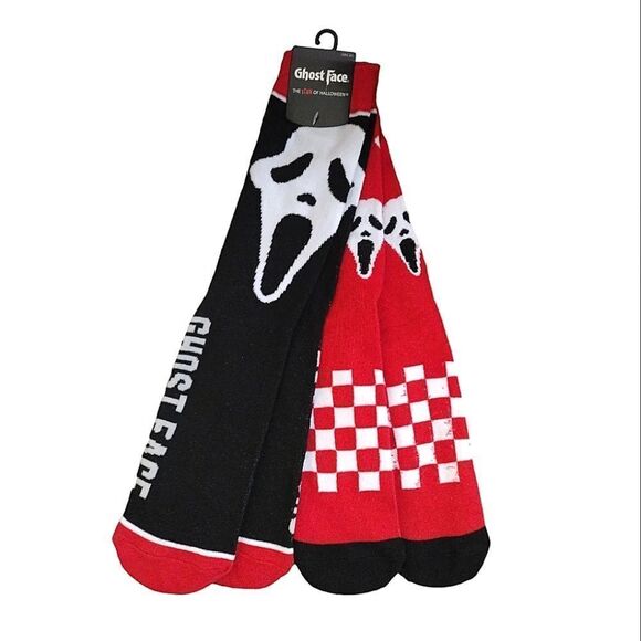 Ghost Face Red Black Halloween Themed 2 Pairs Unisex Crew Socks NWT - Picture 2 of 12